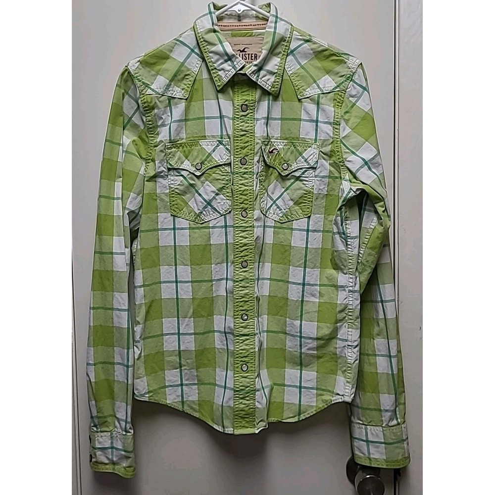 Hollister Western Pearl Snap Green Plaid‎ Long Sleeve Button Up Shirt Men's M
